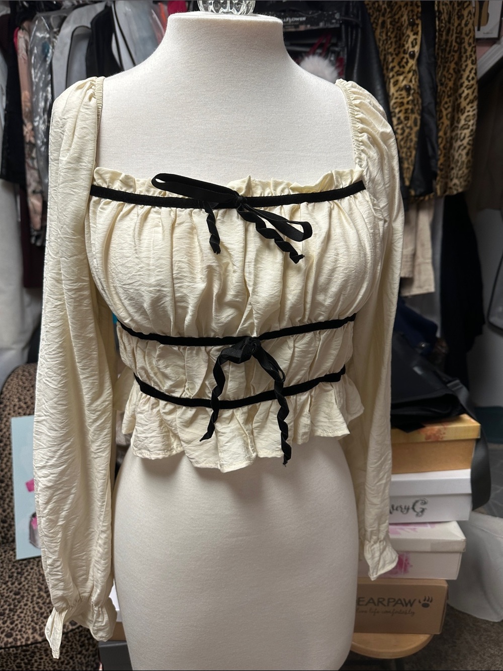 Cream Ruched Long-Sleeve Peasant Top with Black Ribbon Detail